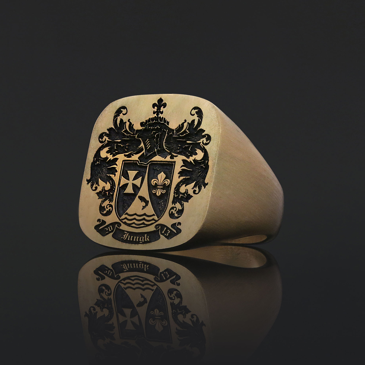 Square Engraved Family Crest Ring