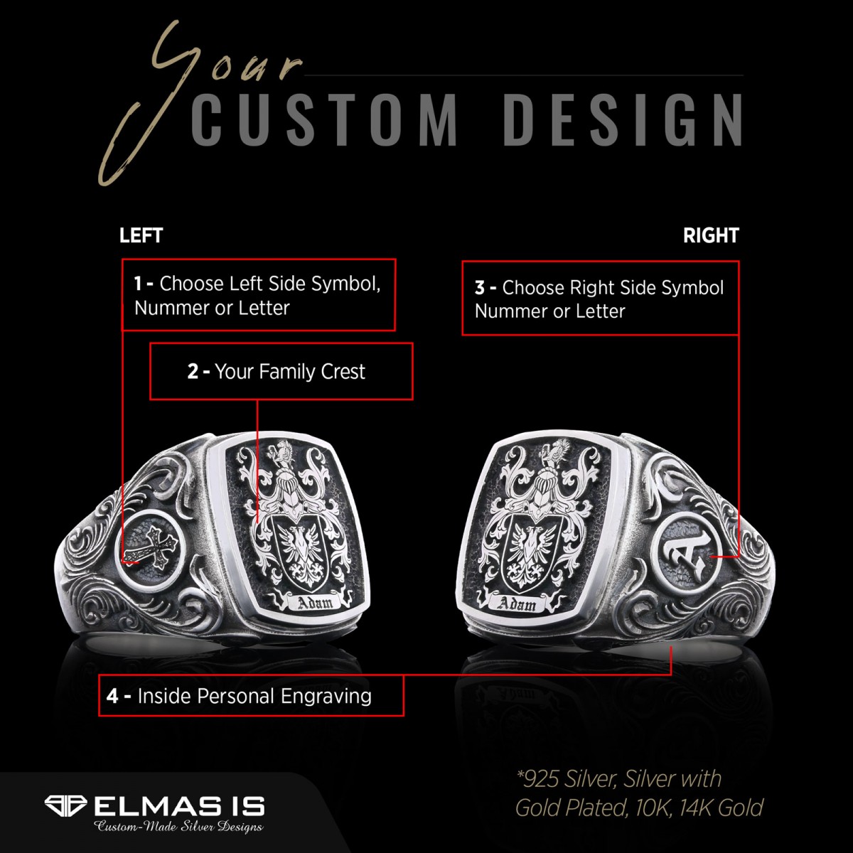 Square Family Crest Ring, 925 Sterling Silver Family Ring