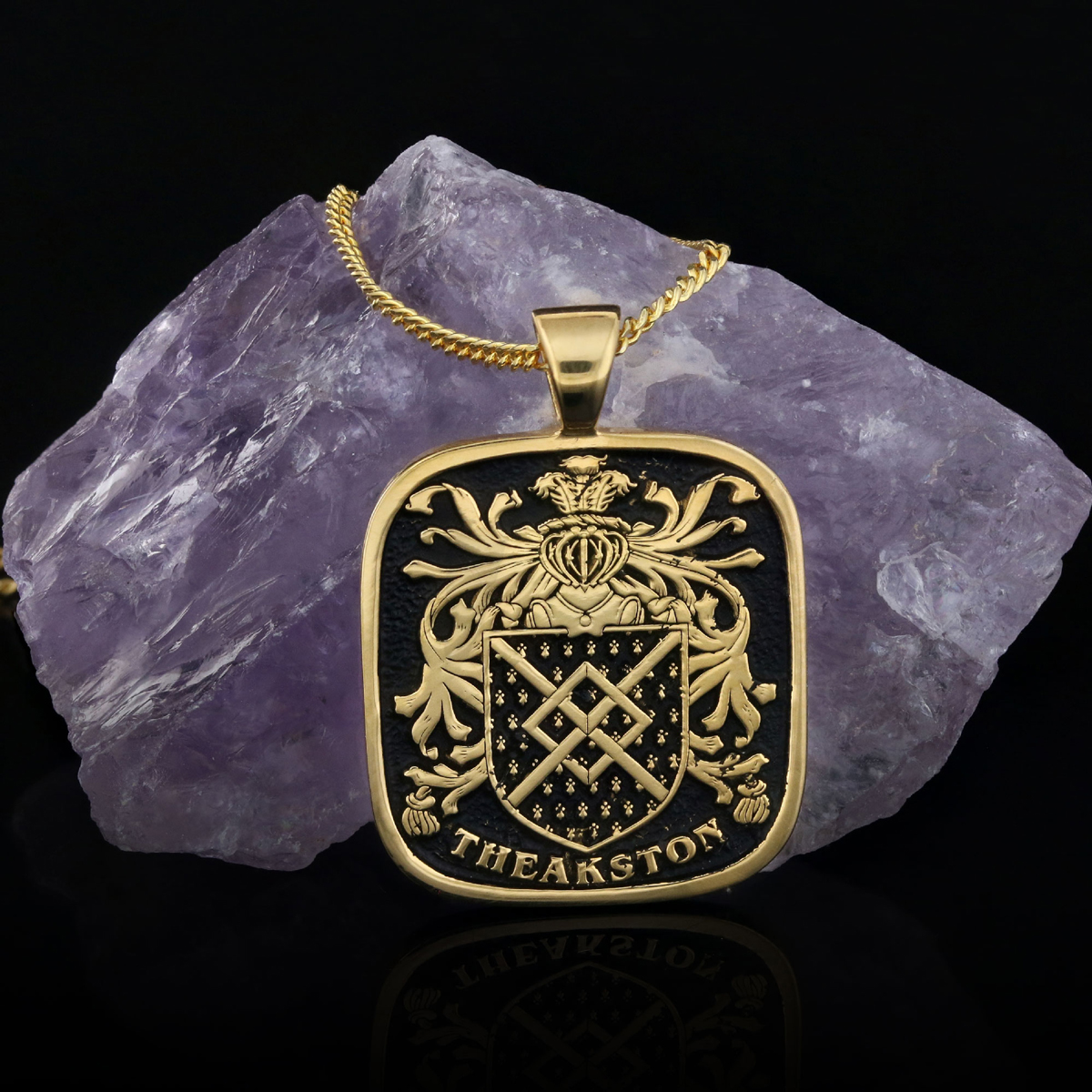 Square Raised Family Crest Pendant, Engraved Square Family Crest Necklace