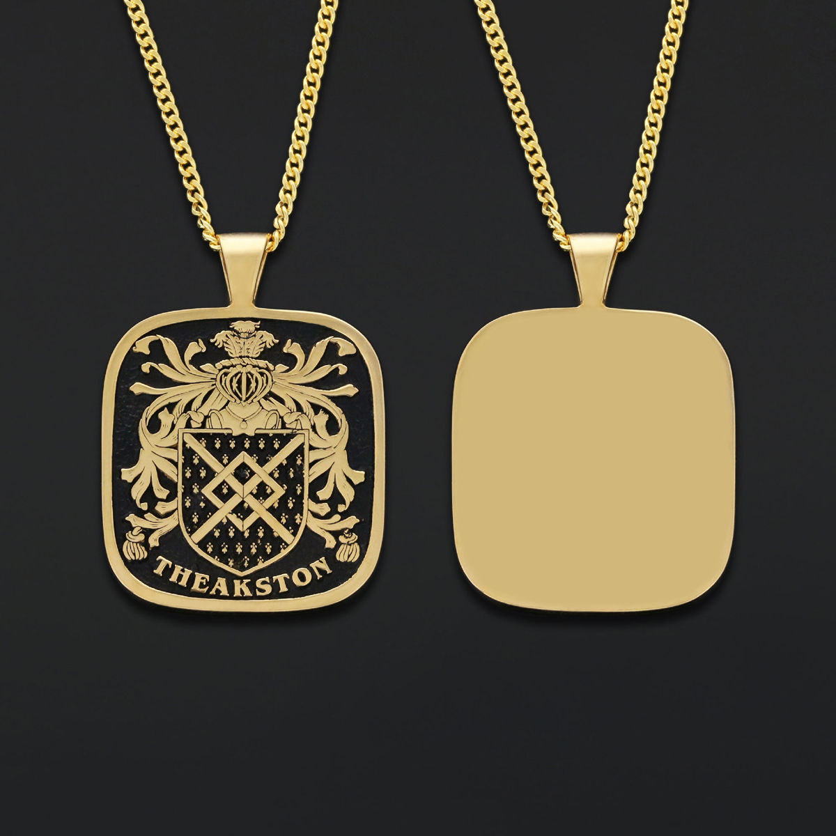 Square Raised Family Crest Pendant, Engraved Square Family Crest Necklace