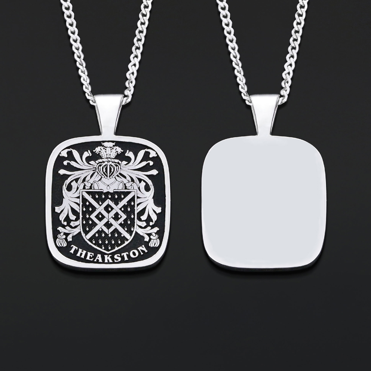 Square Raised Family Crest Pendant, Engraved Square Family Crest Necklace