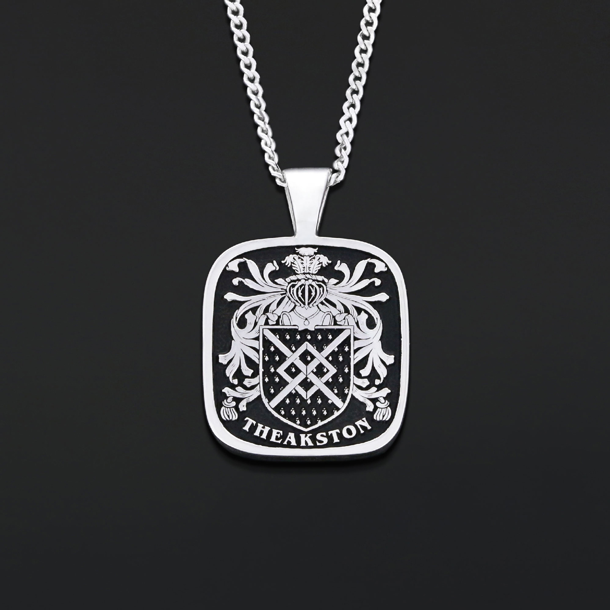 Square Raised Family Crest Pendant, Engraved Square Family Crest Necklace