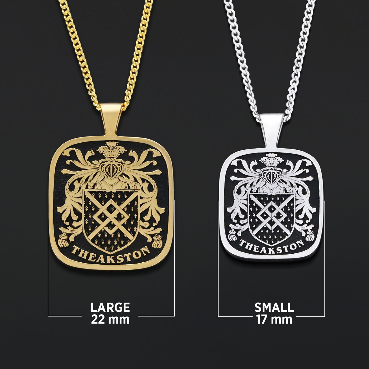 Square Raised Family Crest Pendant, Engraved Square Family Crest Necklace