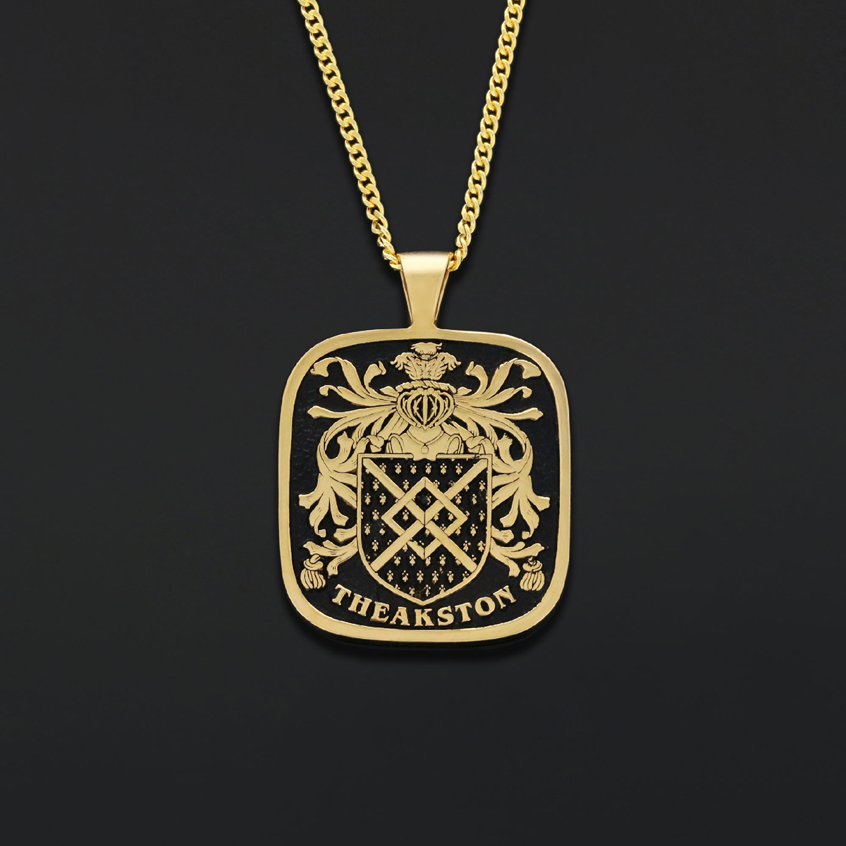 Square Raised Family Crest Pendant, Engraved Square Family Crest Necklace