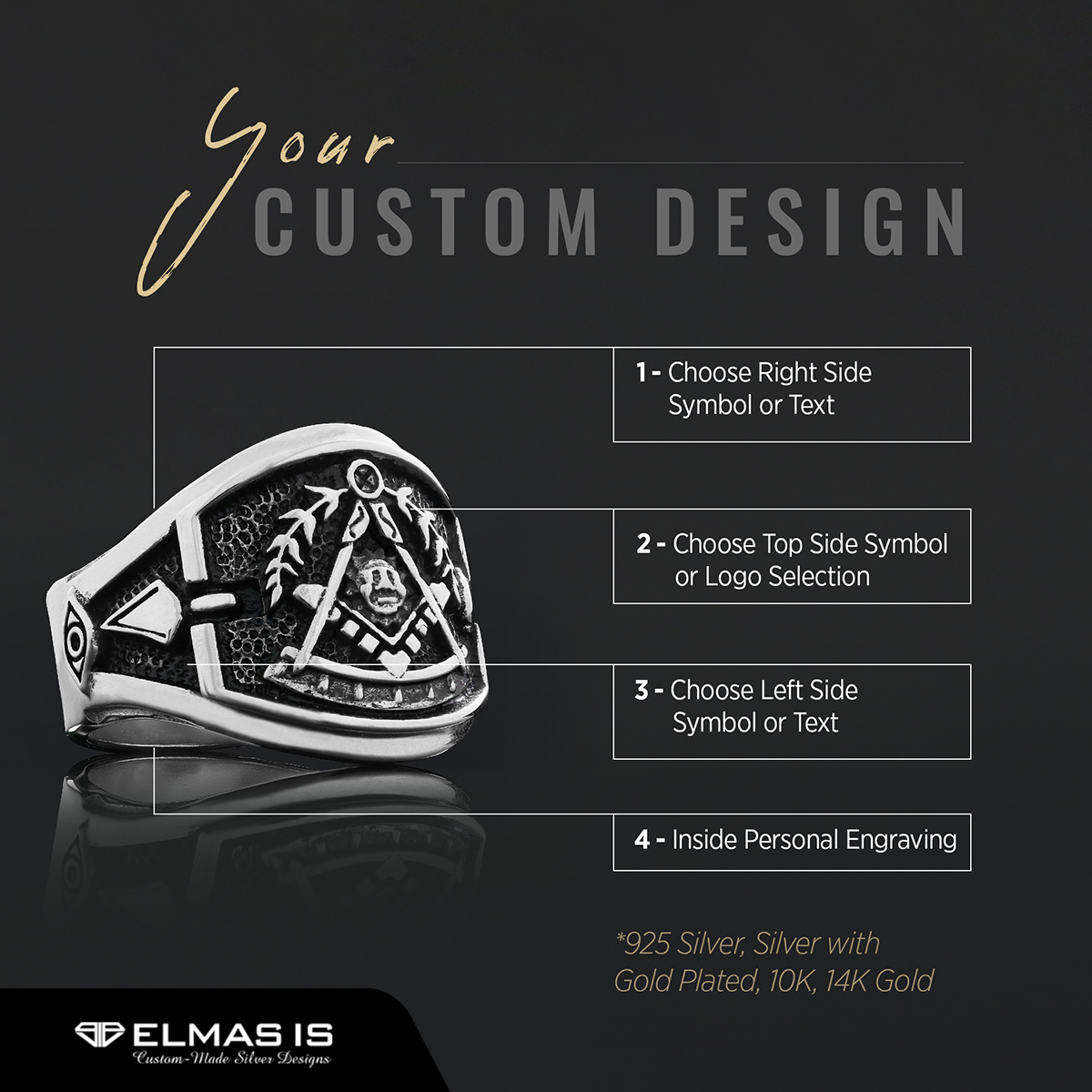 Statement Masons Ring, Personalized Freemason Symbol Ring, Special Design Mason Ring