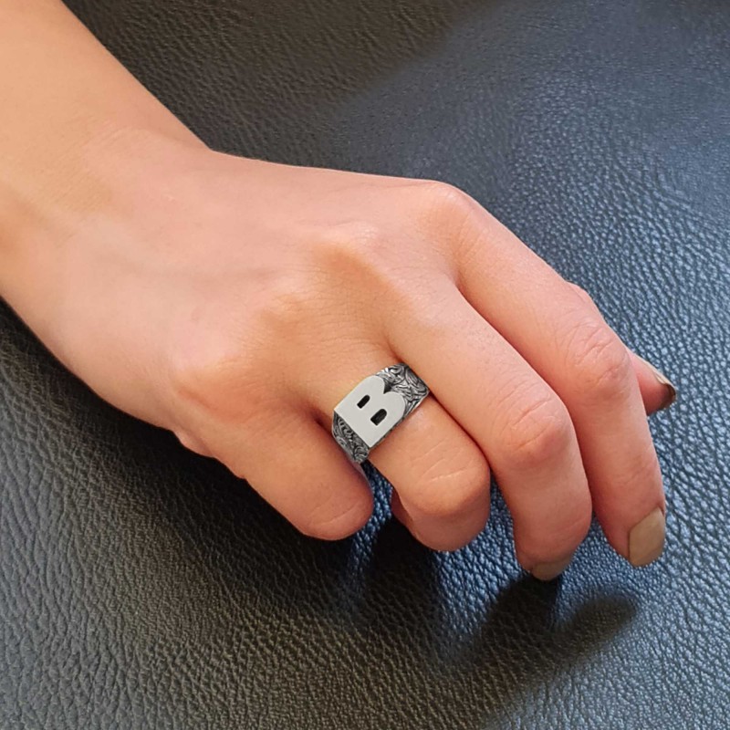 Sterling Silver Monogram B Bold Alphabet Women Ring