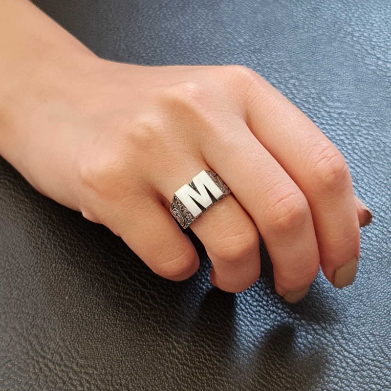 Sterling Silver Monogram M Bold Alphabet Women Ring