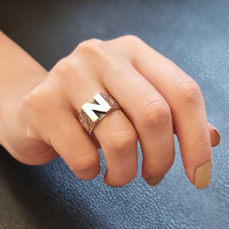 Sterling Silver Monogram N Bold Alphabet Women Ring