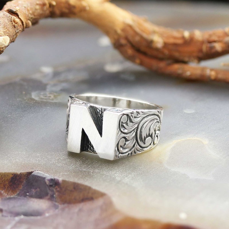 Sterling Silver Monogram N Bold Alphabet Women Ring