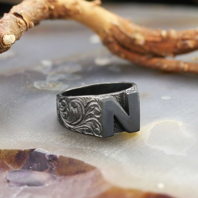 Sterling Silver Monogram N Bold Alphabet Women Ring
