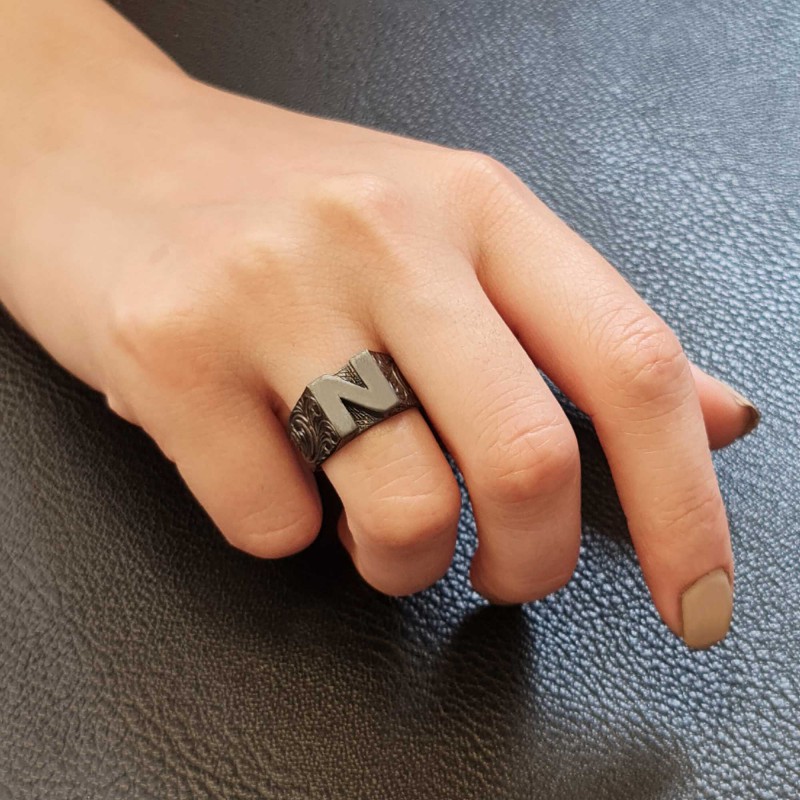 Sterling Silver Monogram N Bold Alphabet Women Ring