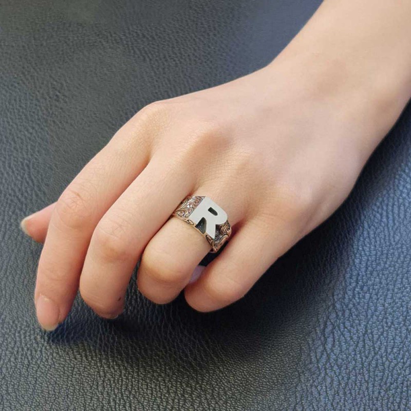 Sterling Silver Monogram R Bold Alphabet Women Ring