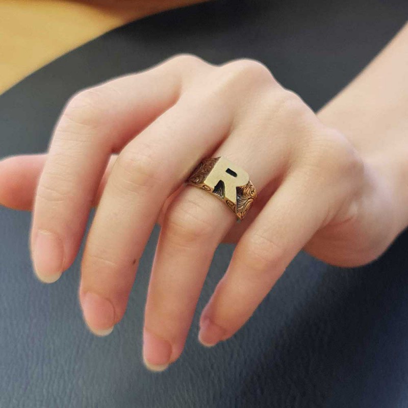 Sterling Silver Monogram R Bold Alphabet Women Ring