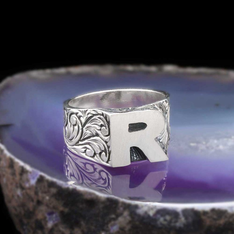 Sterling Silver Monogram R Bold Alphabet Women Ring