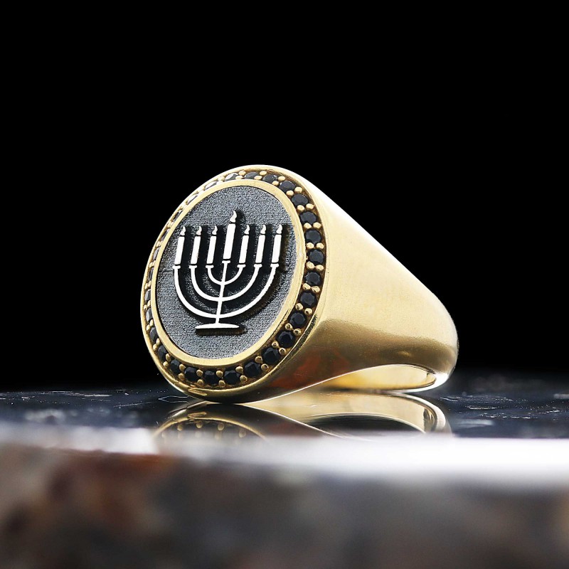 Sterling Silver Unique Design Oval Stone Jewish Menorah Isolated Women Ring