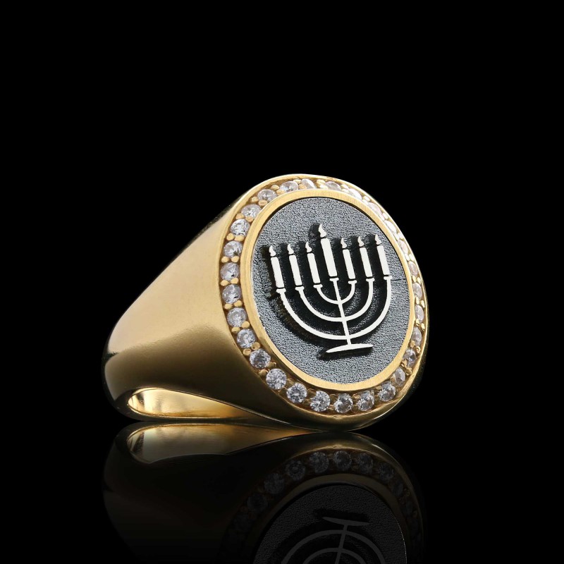 Sterling Silver Unique Design Oval Stone Jewish Menorah Isolated Women Ring