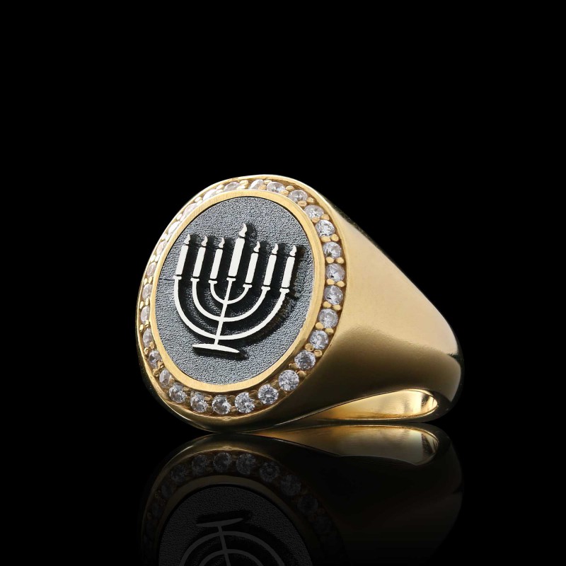 Sterling Silver Unique Design Oval Stone Jewish Menorah Isolated Women Ring