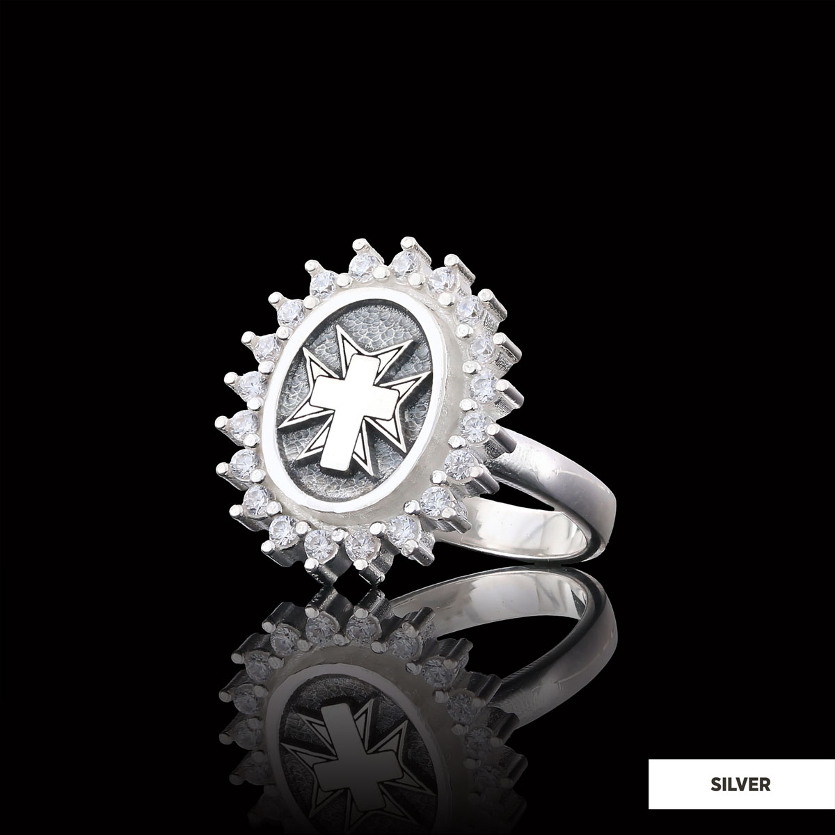 Stone Cross Silver Ring, Gold Plated Silver Christian Cross Stone Ring, Silver Oval Cross Ring, Christian Gift
