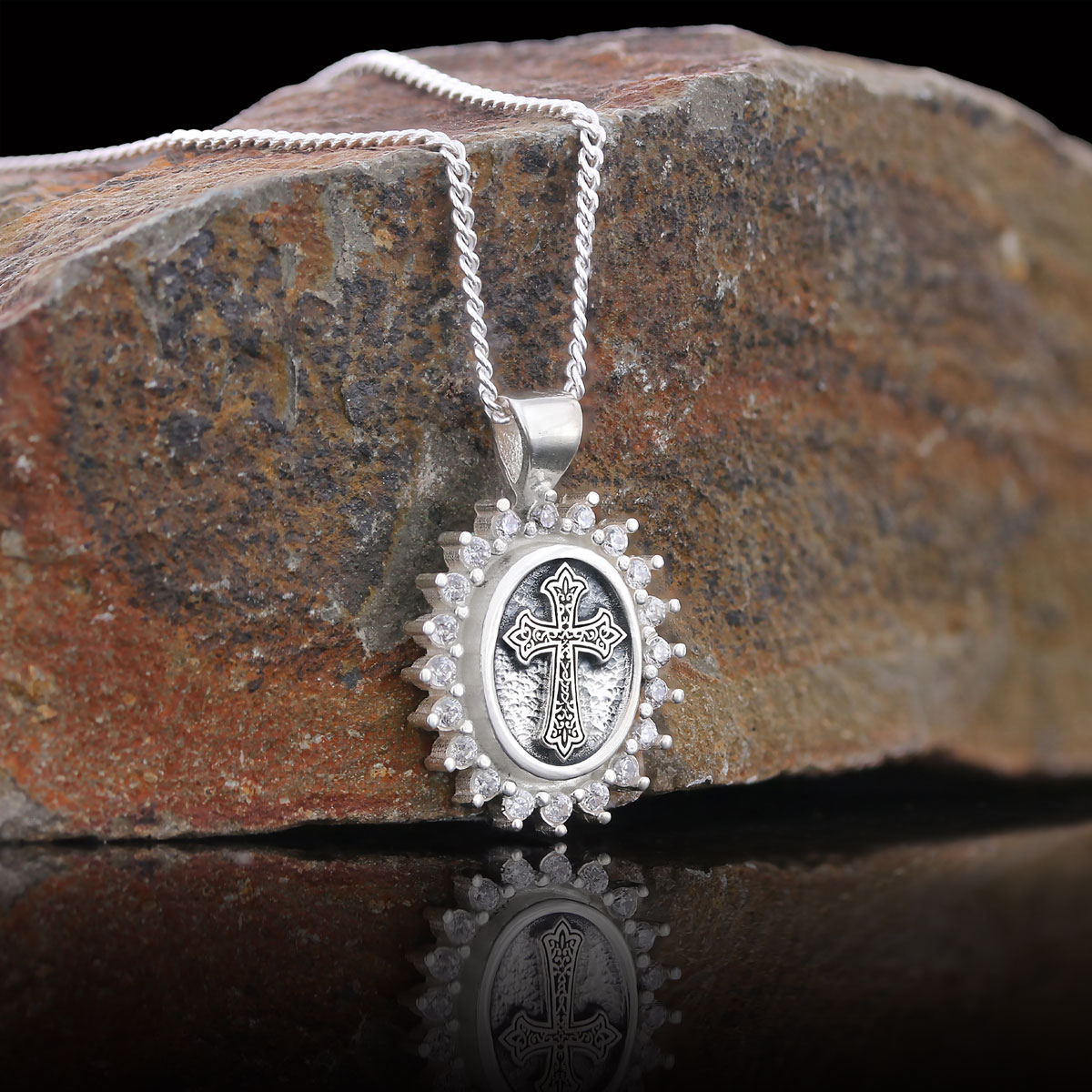 Stone Special Design Motif Cross Necklace, Gold Plated Silver Cross Christian Pendant, Rhodium Plated Stone Oval Silver Necklace