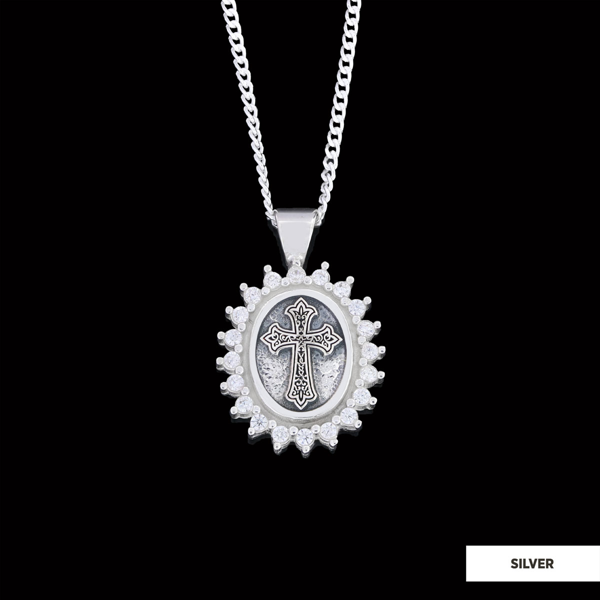 Stone Special Design Motif Cross Necklace, Gold Plated Silver Cross Christian Pendant, Rhodium Plated Stone Oval Silver Necklace