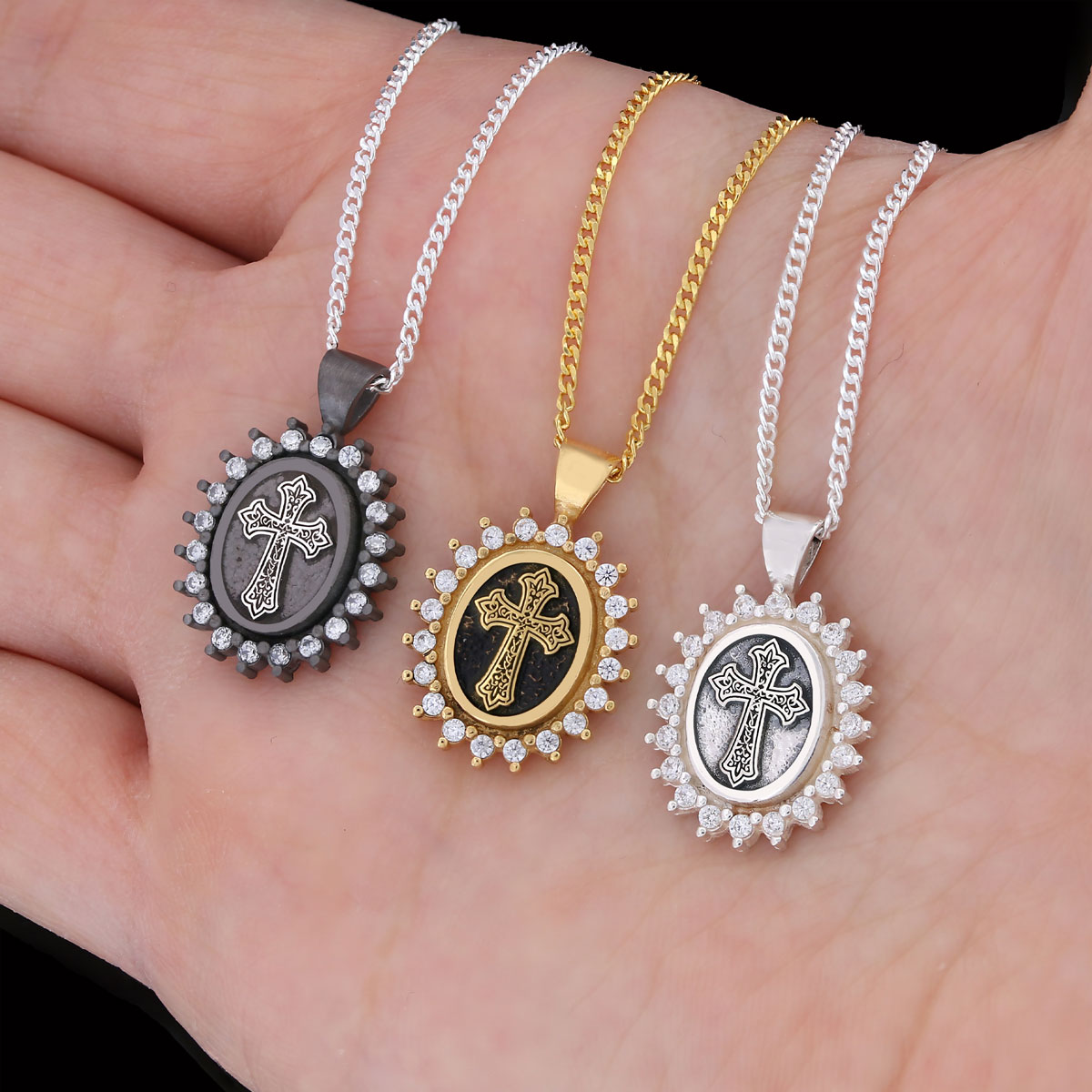 Stone Special Design Motif Cross Necklace, Gold Plated Silver Cross Christian Pendant, Rhodium Plated Stone Oval Silver Necklace