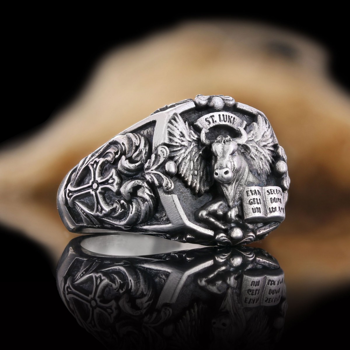 Taurus Of Saint Luke Apostle Evangelist Wings Signet Ring, 925 Sterling Silver Evangelist Winged Bull Symbol Ring, Christian Ring