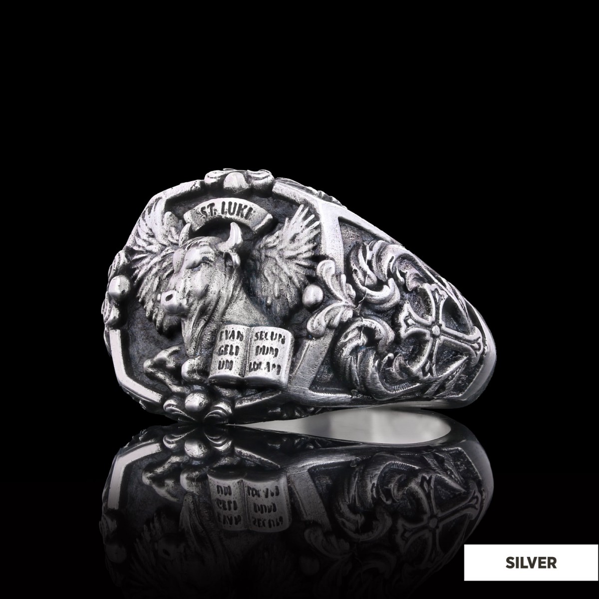 Taurus Of Saint Luke Apostle Evangelist Wings Signet Ring, 925 Sterling Silver Evangelist Winged Bull Symbol Ring, Christian Ring