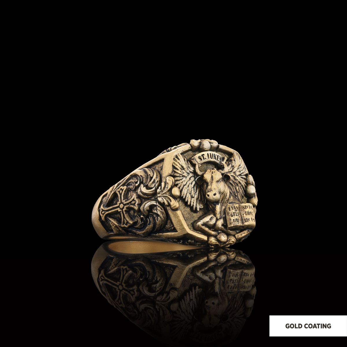 Taurus Of Saint Luke Apostle Evangelist Wings Signet Ring, 925 Sterling Silver Evangelist Winged Bull Symbol Ring, Christian Ring