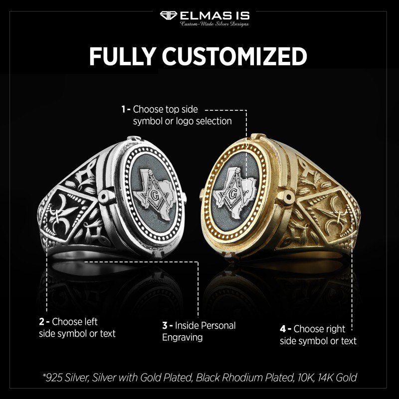Texas Masonic Ring, Freemasonic Ring, Master Mason Ring, Elegant Masonic Ring