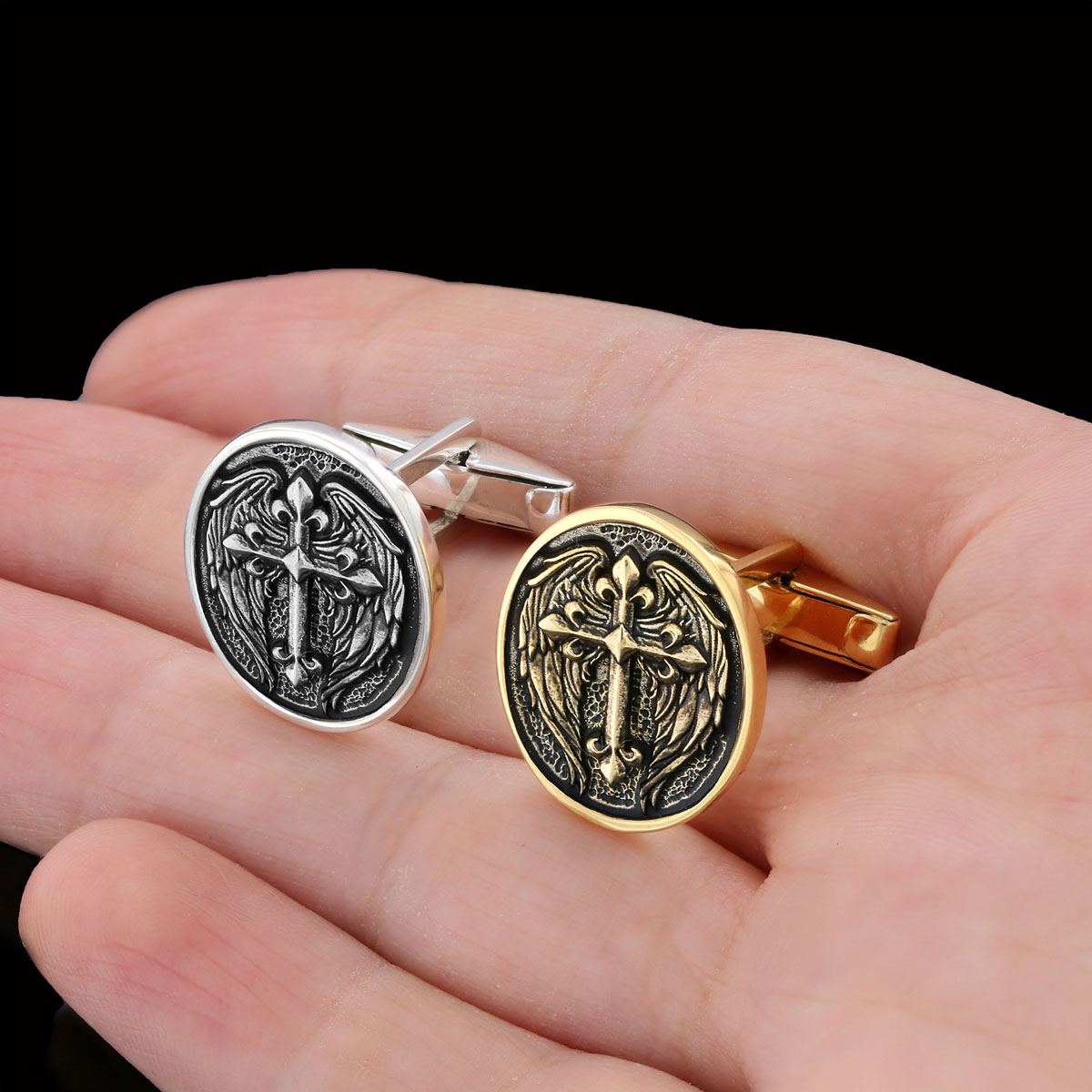 Winged Cross Cufflinks, Christian Jewelry, Gold Plated Cross Cufflinks, Religious Accessory, Crucifix Gift Cufflinks