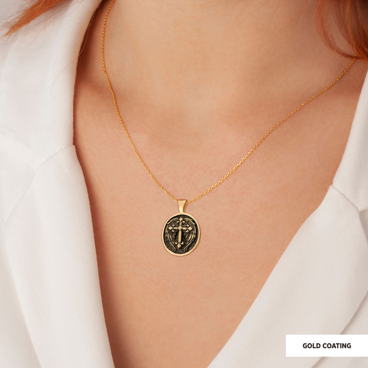 Winged Cross Necklace, Christian Jewelry, Gold Plated Cross Pendant, Religious Accessory, Crucifix Gift Necklace