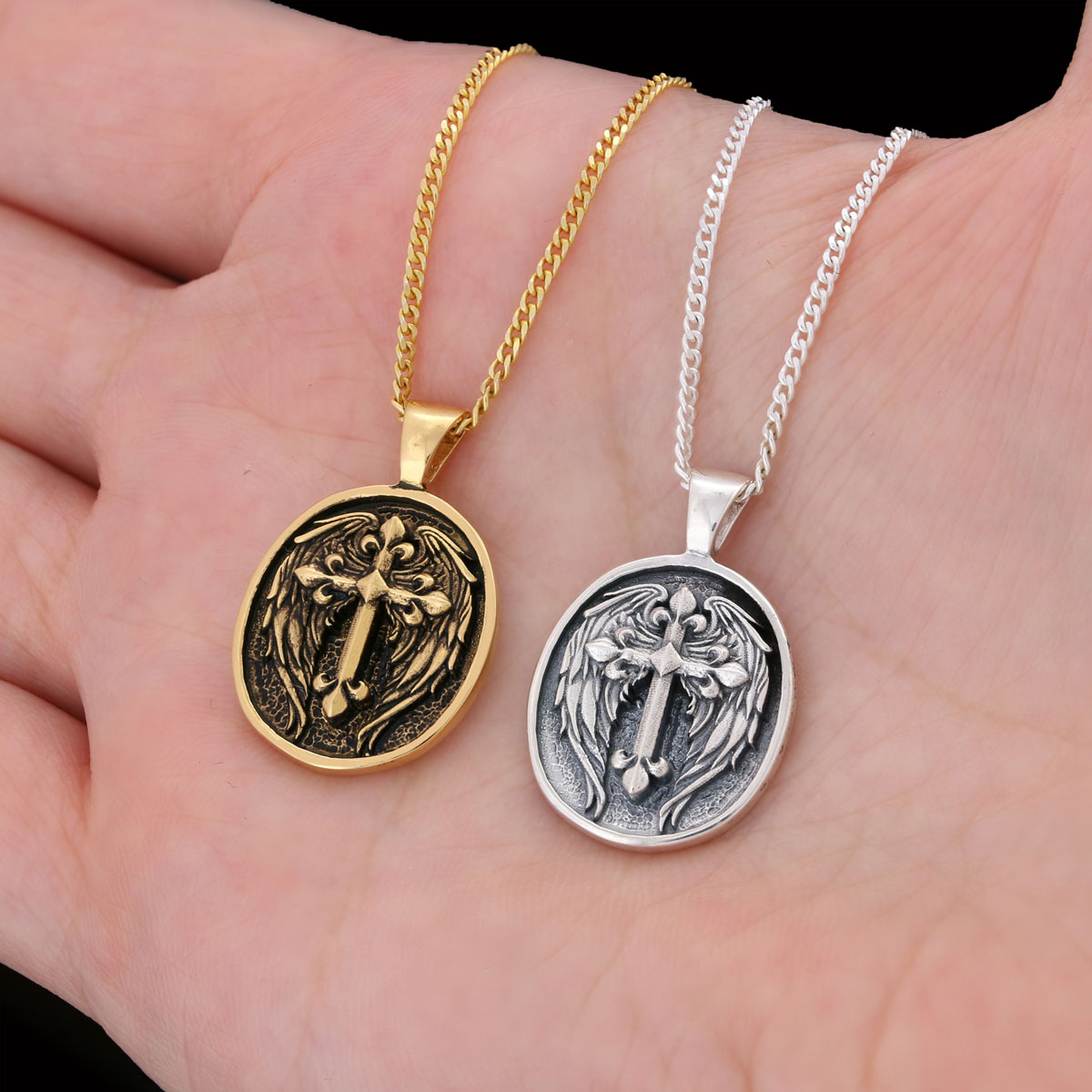 Winged Cross Necklace, Christian Jewelry, Gold Plated Cross Pendant, Religious Accessory, Crucifix Gift Necklace