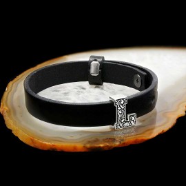 925 Sterling Silver Motif L Letter Leather Bracelet