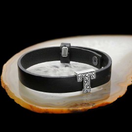 925 Sterling Silver Motif Letter T Leather Bracelet