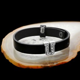 925 Sterling Silver Motif Letter U Leather Bracelet