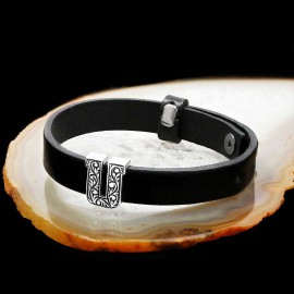 925 Sterling Silver Motif Letter U Leather Bracelet