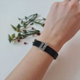 925 Sterling Silver Motif Letter U Leather Bracelet
