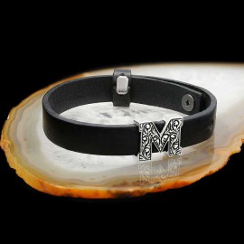 925 Sterling Silver Motif M Letter Leather Bracelet