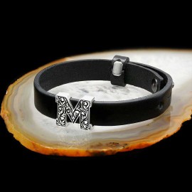 925 Sterling Silver Motif M Letter Leather Bracelet