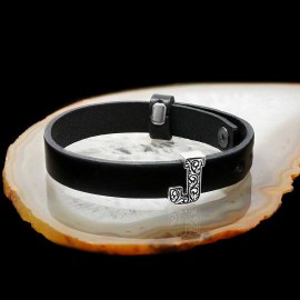 925 Sterling Silver Motif J Letter Leather Bracelet