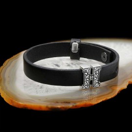 925 Sterling Silver Motif Letter H Leather Bracelet