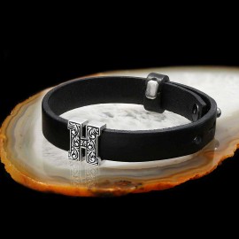 925 Sterling Silver Motif Letter H Leather Bracelet