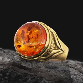 Amber Stone Silver Men Ring