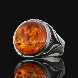Amber Stone Silver Men Ring