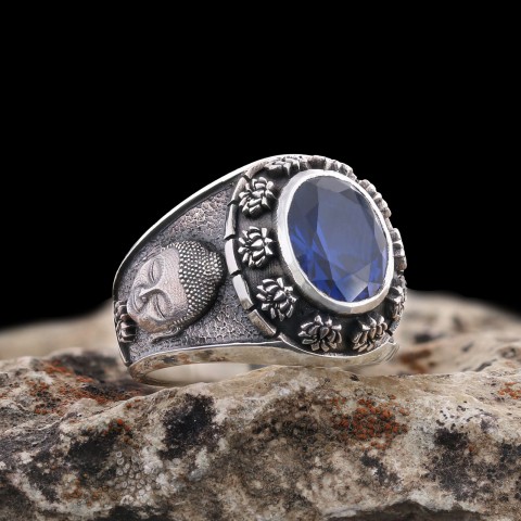 Buddhist Silver Ring with Stone, Buddha Ring, Lotus Flower Ring, Buddhist Jewelry, Religious Gifts