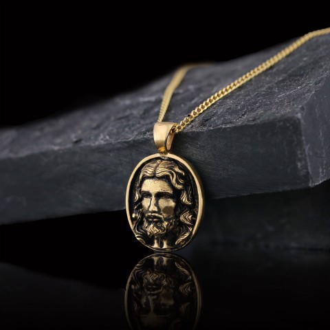 Christ Pendant, Christian Necklace, Jesus Necklace, Religious Gift for Men, Round Silver Religious Necklace, Gold Plated Jesus Jewelry