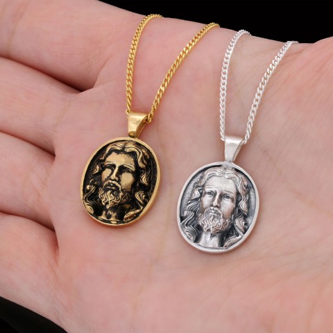 Christ Pendant, Christian Necklace, Jesus Necklace, Religious Gift for Men, Round Silver Religious Necklace, Gold Plated Jesus Jewelry