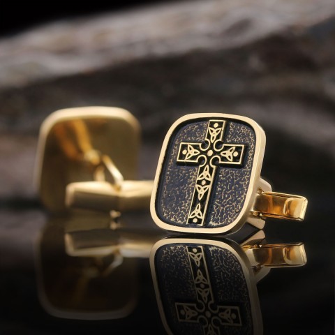 Christian Cross Cufflinks, Gold Plated Silver Cross Cufflinks, Square Motif Cross Silver Cufflinks