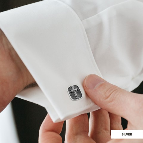 Christian Cross Cufflinks, Gold Plated Silver Cross Cufflinks, Square Motif Cross Silver Cufflinks