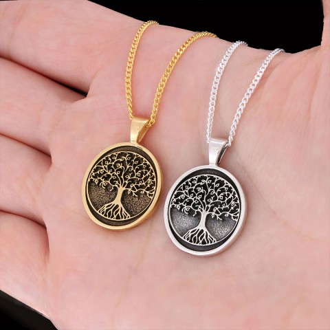 Christian Tree of Life Gold Plated Silver Necklace, Silver Oval Tree of Life Necklace, Silver Christian Pendants